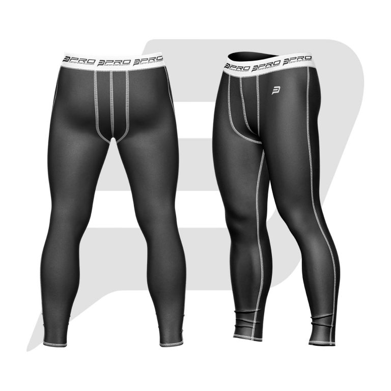 Custom Men Compression Pant Black Color With White Interlocked Flat Seams & Waist Band