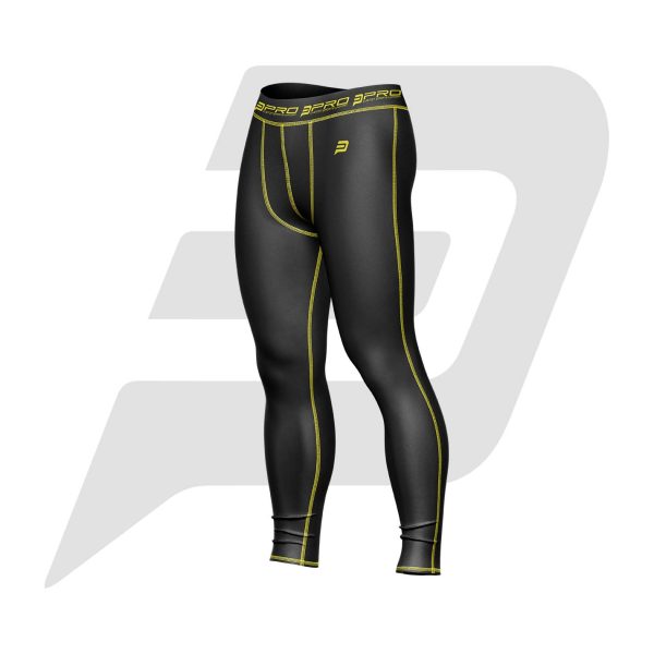 Custom Men Compression Pant Black Color With Yellow Interlocked Flat Seams
