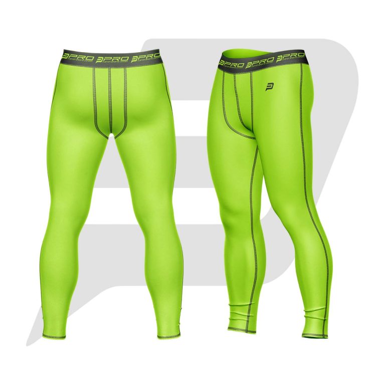 Custom Men Compression Pant Green Color With Black Interlocked Flat Seams & Waist Band