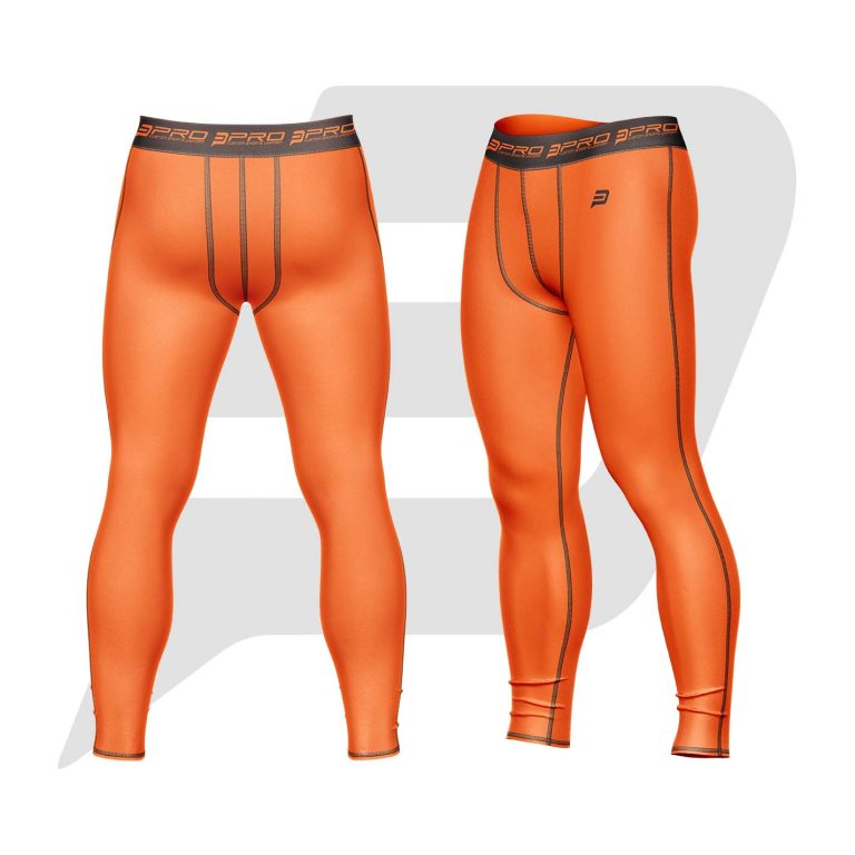 Custom Men Compression Pant Orange Color With Black Interlocked Flat Seams & Waist Band