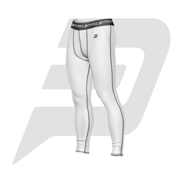 Custom Men Compression Pant White Color With Black Interlocked Flat Seams& Waistband