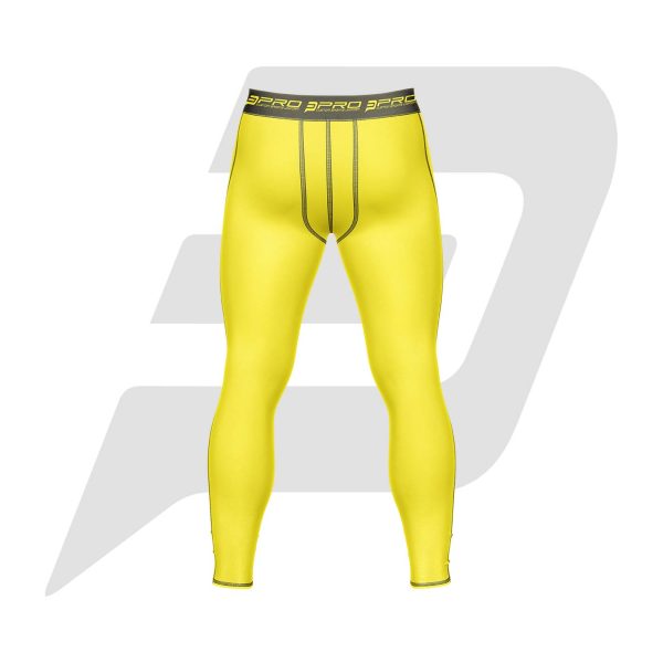 Custom Men Compression Pant Yellow Color With Black Interlocked Flat Seams & Waist Band