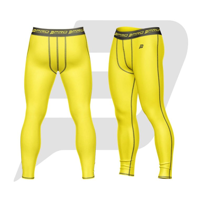 Custom Men Compression Pant Yellow Color With Black Interlocked Flat Seams & Waist Band