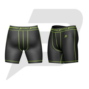 Custom Men Compression Short Black Color With Green Interlocked Flat Seams