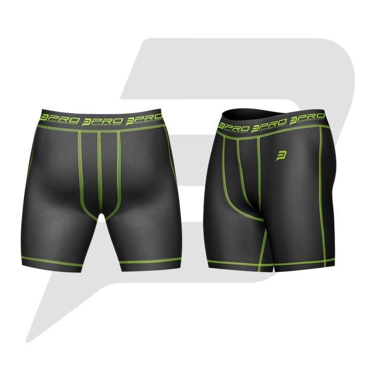 Custom Men Compression Short Black Color With Green Interlocked Flat Seams