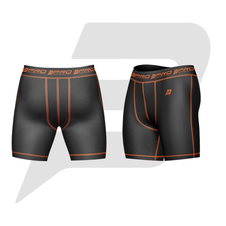Custom Men Compression Short Black Color With Orange Interlocked Flat Seams