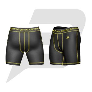 Custom Men Compression Short Black Color With Yellow Interlocked Flat Seams