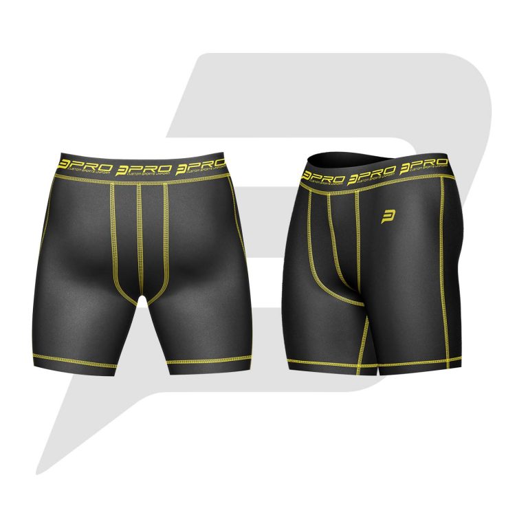 Custom Men Compression Short Black Color With Yellow Interlocked Flat Seams