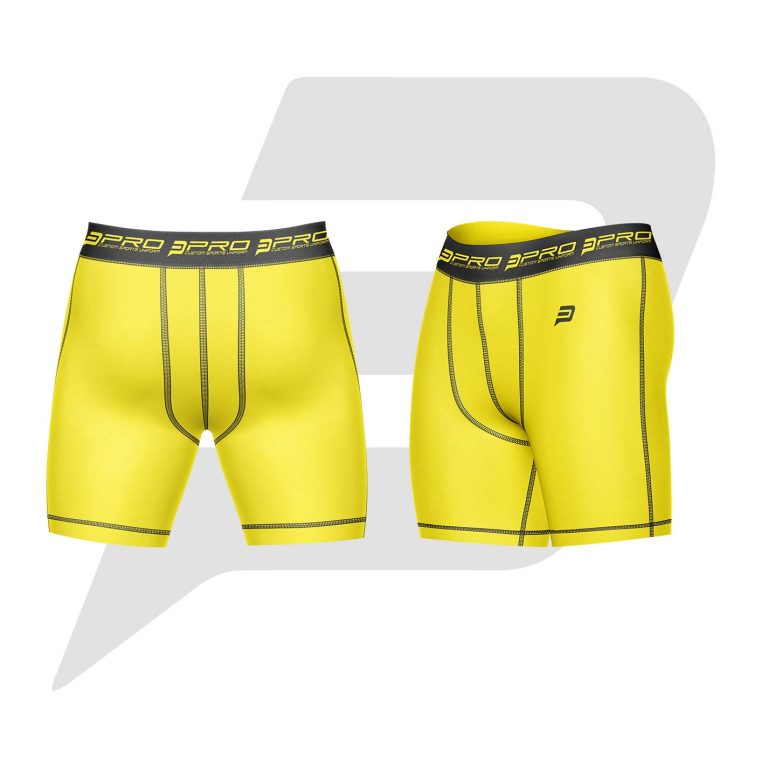 Custom Men Compression Short Yellow Color With Black Interlocked Flat Seams & Waist Band